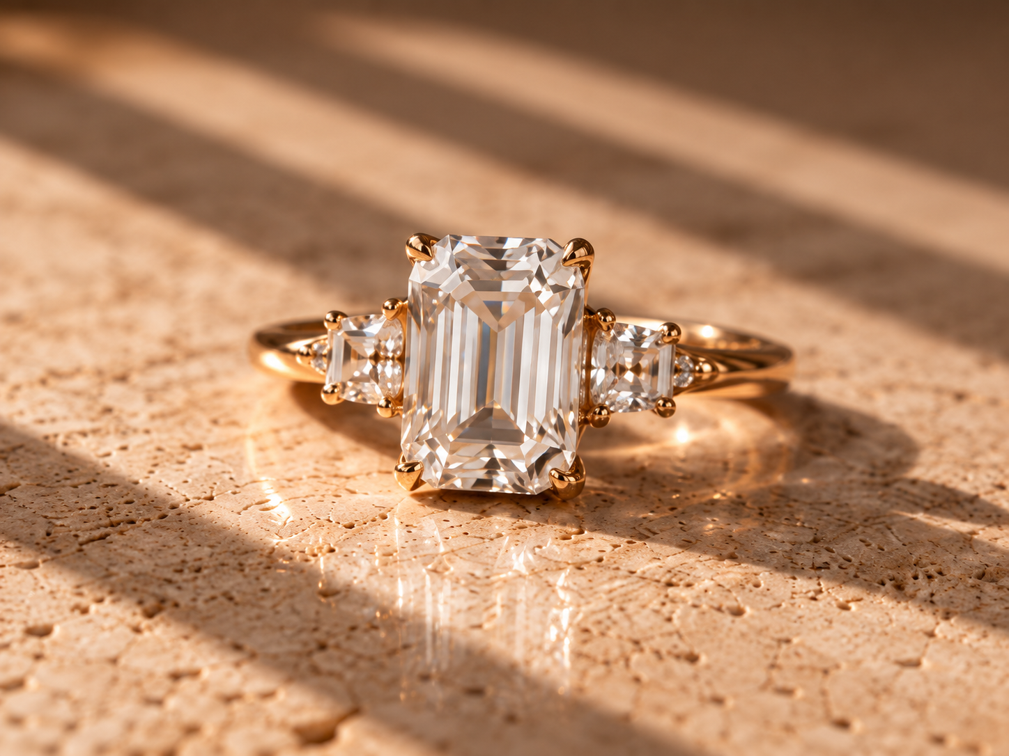 Emerald-cut diamond engagement ring on warm limestone