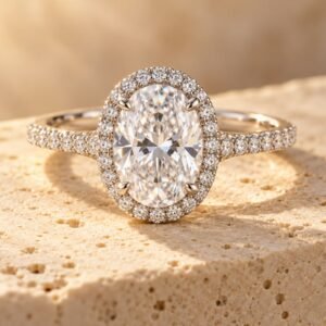 The Elara ring on warm cream travertine