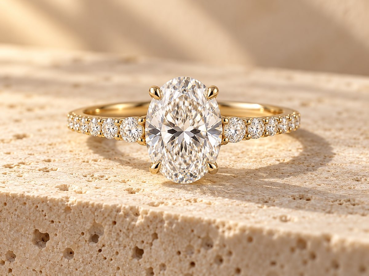 The Éloise ring on warm cream travertine