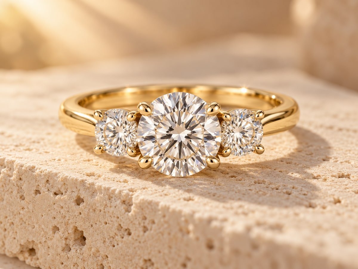 The Isolde ring on warm cream travertine