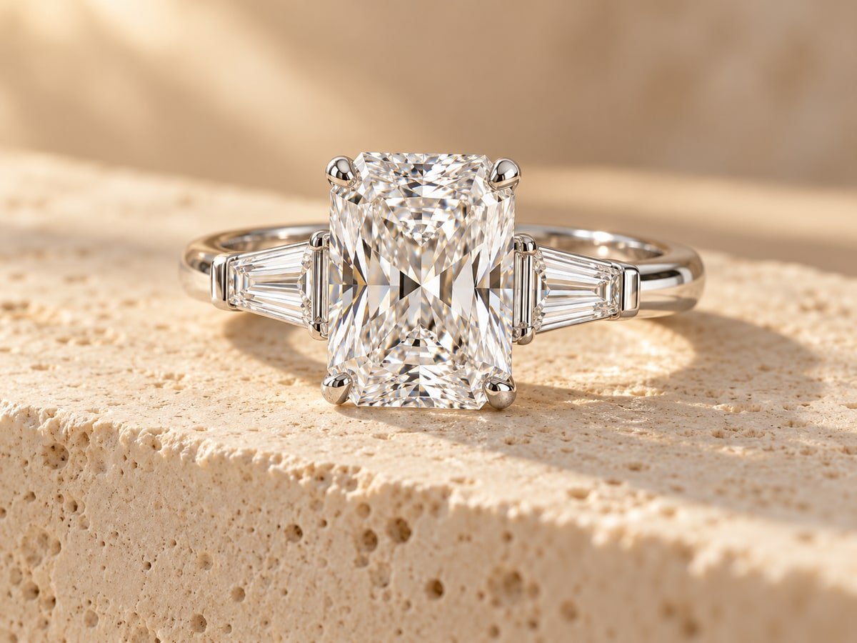 The Seraphine ring on warm cream travertine