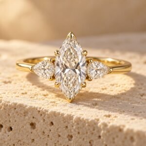 The Solène ring on warm cream travertine