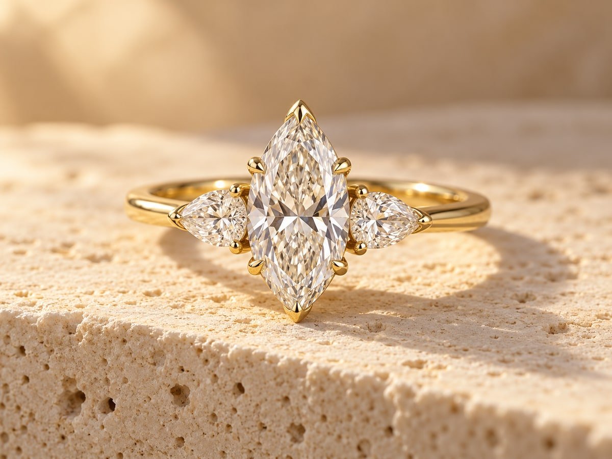 The Solène ring on warm cream travertine
