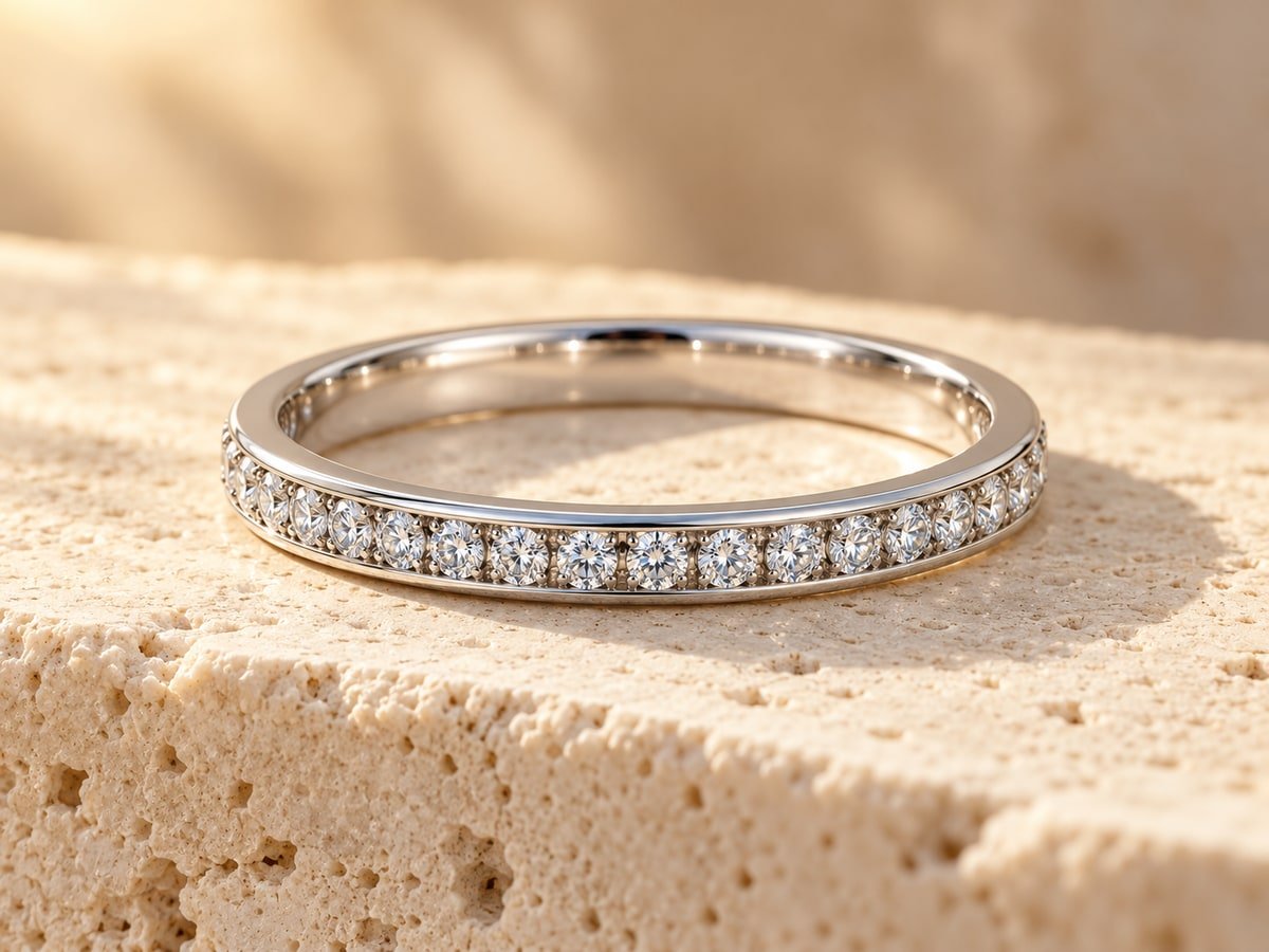 The Toujours ring on warm cream travertine