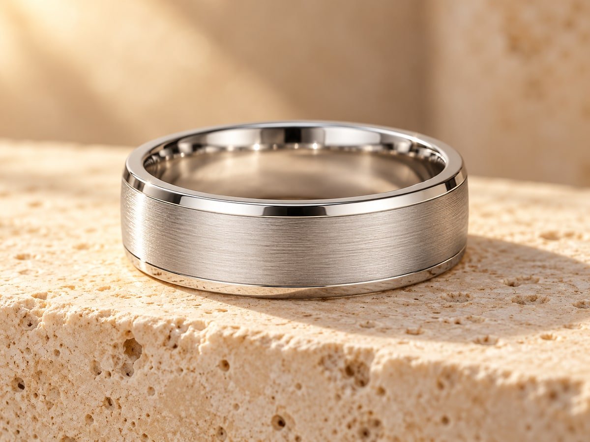 The Vow ring on warm cream travertine