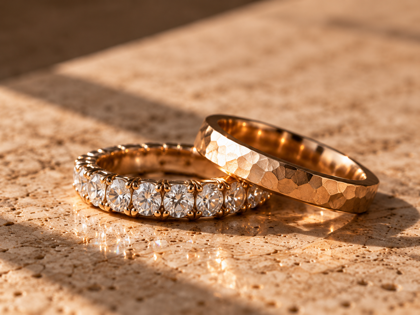Gold wedding band and diamond eternity ring